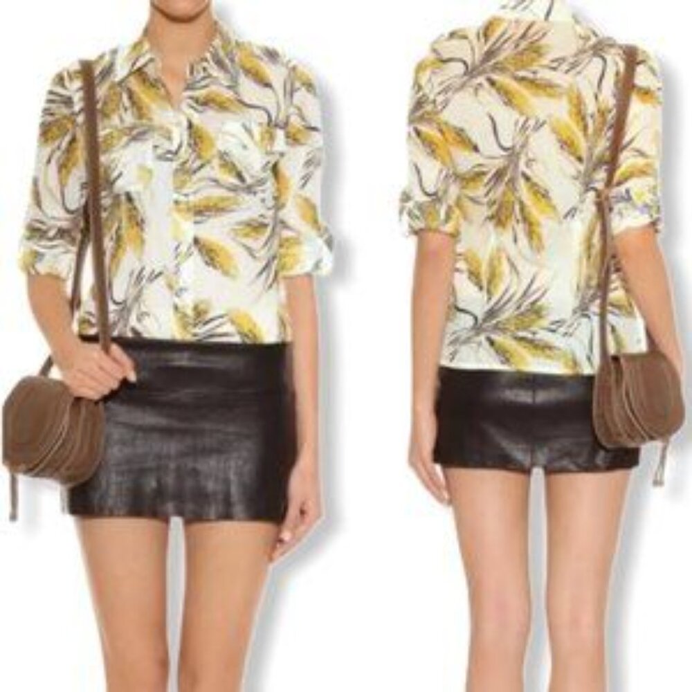 Tory Burch Brigette Wheat Print Roll Tab Sleeve Button Down Blouse